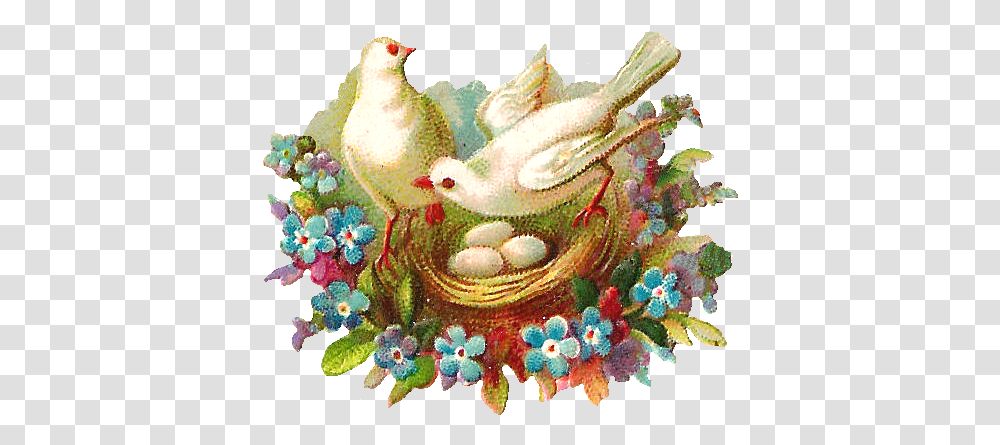 Antique Images Free Digital Bird Graphic 2 Doves In Bird Nest, Art, Pattern, Painting, Embroidery Transparent Png