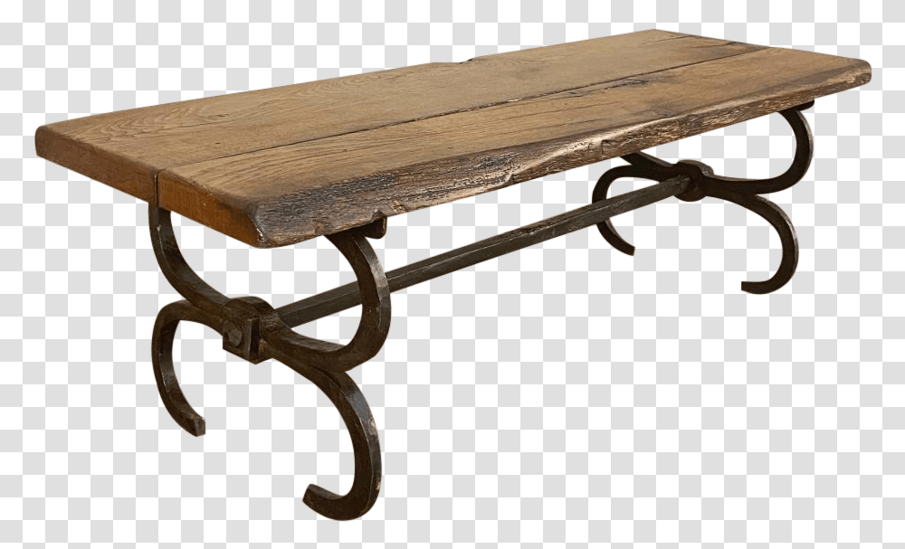 Antique Rustic Wrought Iron And Wood Plank Coffee Table Coffee Table, Furniture, Tabletop, Bench, Gun Transparent Png