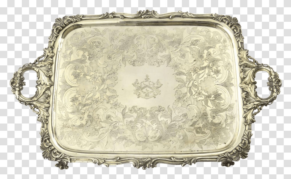 Antique Silver Plate Serving Tray With Armorial Crest Platter, Rug, Porcelain, Pottery Transparent Png