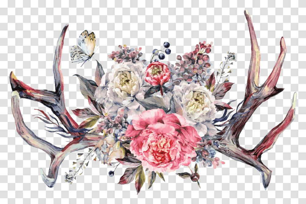 Antlers With Flowers Boho, Floral Design, Pattern Transparent Png