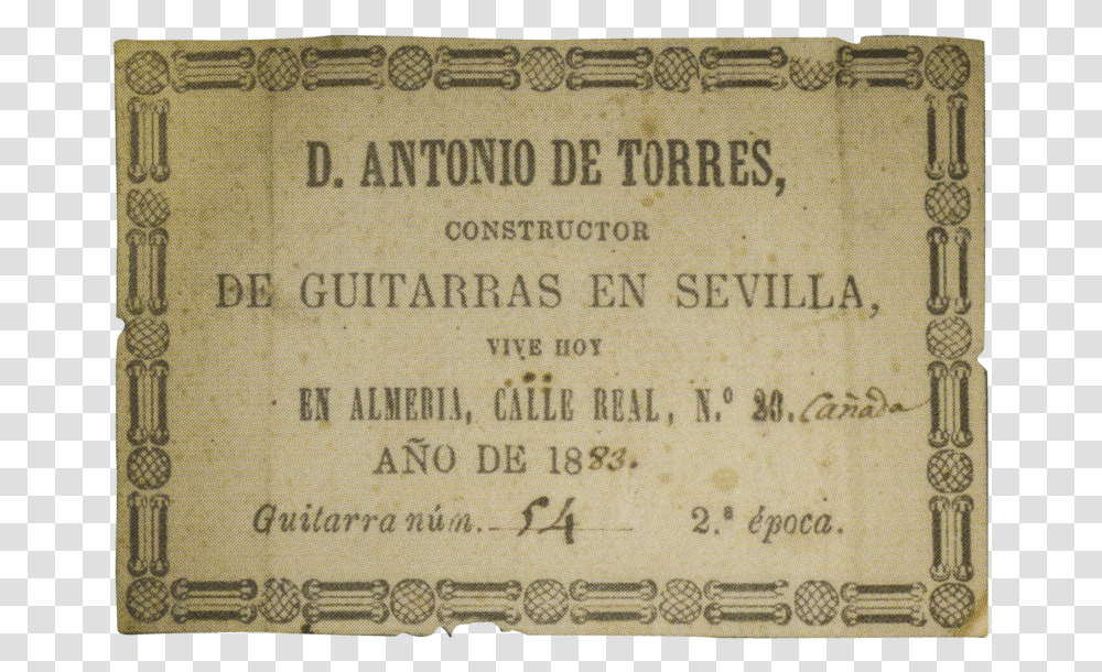 Antonio De Torres Guitar Label, Paper, Ticket, Driving License Transparent Png