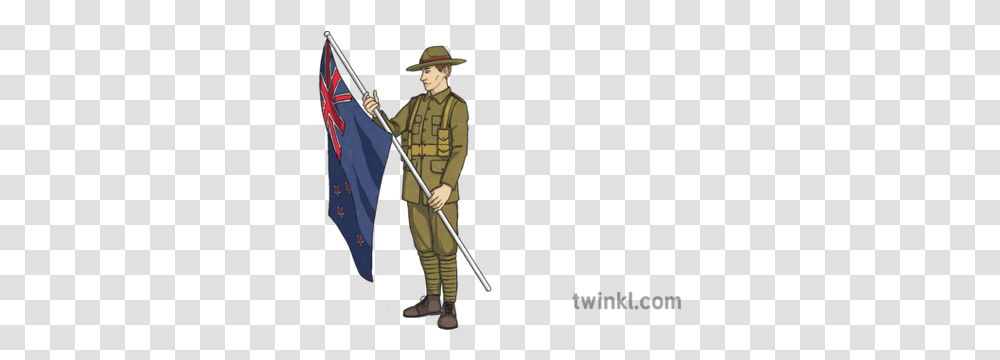 Anzac With New Zealand Flag Soldier Ks2 1 Illustration Twinkl Stem Club, Person, Clothing, Military, Military Uniform Transparent Png