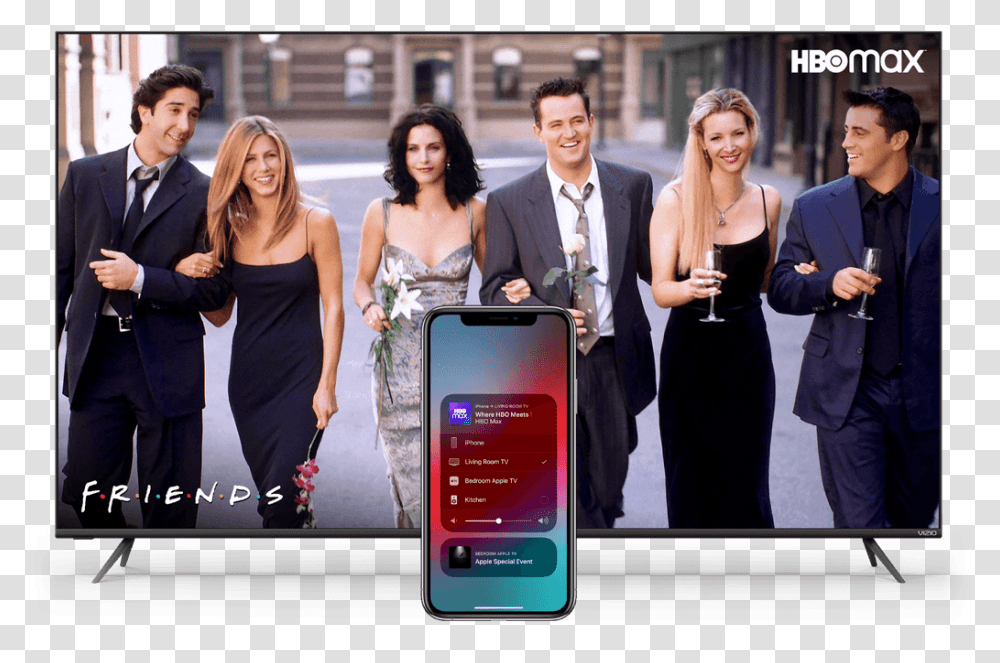 Apple Airplay Vizio Smart Tv Stream Iphone To Tv Vizio Friends Series Get Together, Mobile Phone, Electronics, Person, Suit Transparent Png