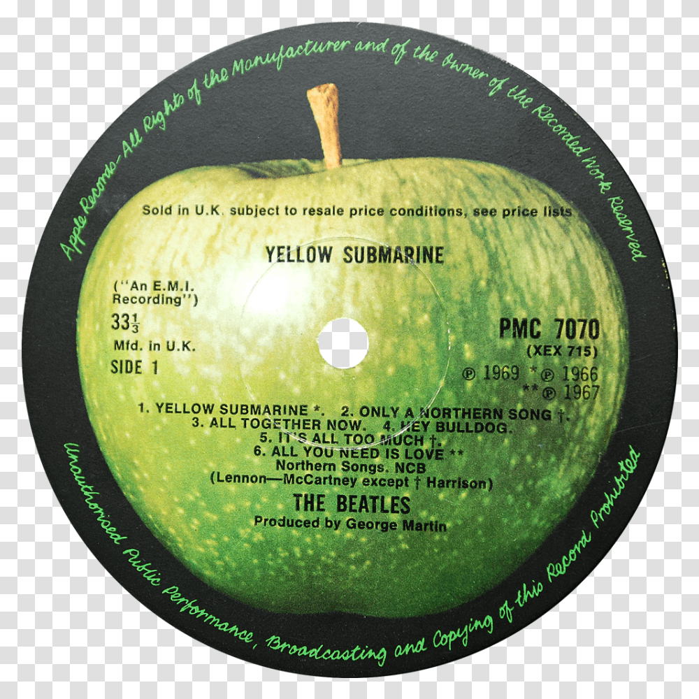 Apple Pmc 7070 Beatles Lp Label Yellow Submarine, Text, Green, Plant, Disk Transparent Png