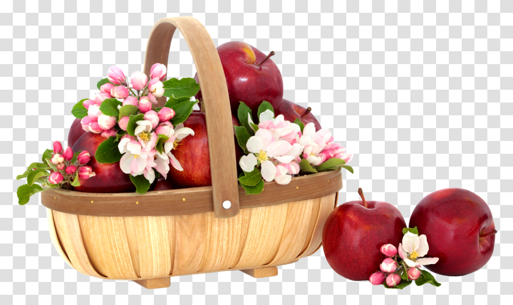 Apple Slice Canasta Con Manzanas Y Flores, Basket, Plant, Fruit, Food Transparent Png