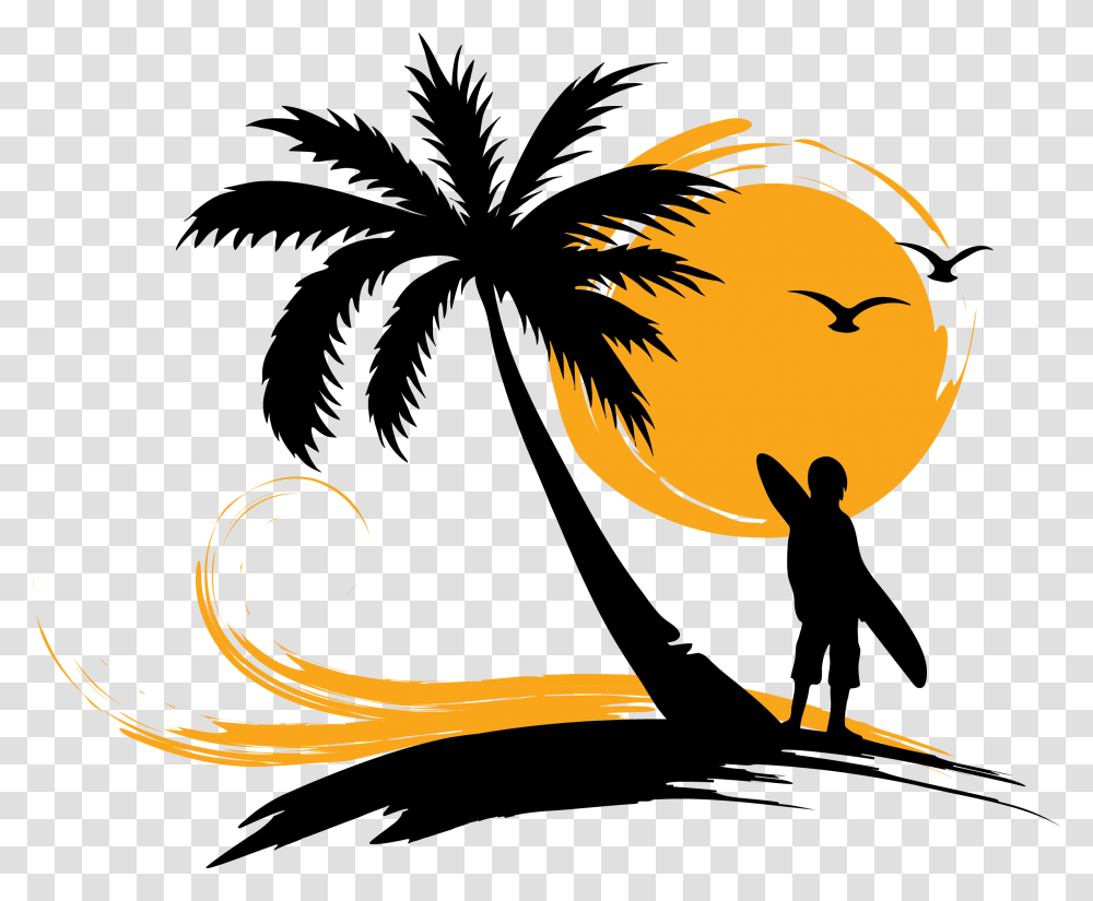 Arecaceae Surfing Sunset Clip Art Palm Tree Sun Vector, Silhouette, Person, Human, Plant Transparent Png
