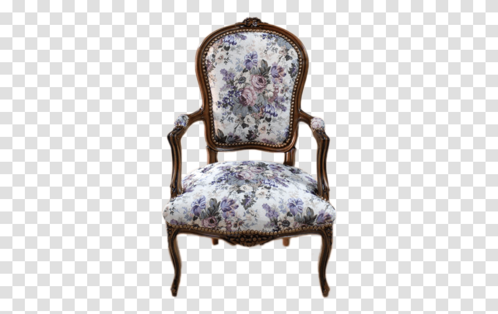 Armchair Of Louis Xv Brown Frame Vintage Flowers Fabric Decor Clasic Chair, Furniture Transparent Png