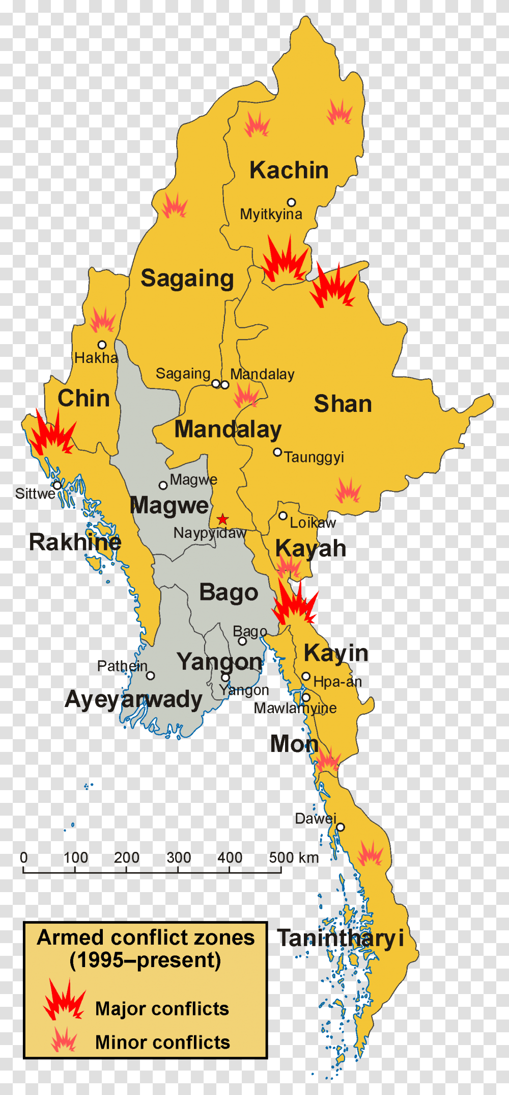 Armed Conflict Zones In Myanmar Map Of Myanmar, Plot, Diagram, Atlas, Poster Transparent Png