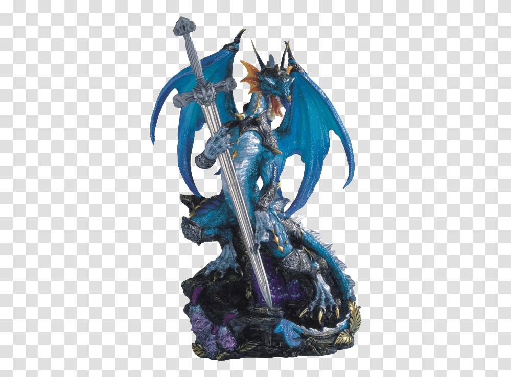 Armored Blue Dragon And Sword Statue Dragon With A Sword, Weapon, Weaponry, Blade Transparent Png