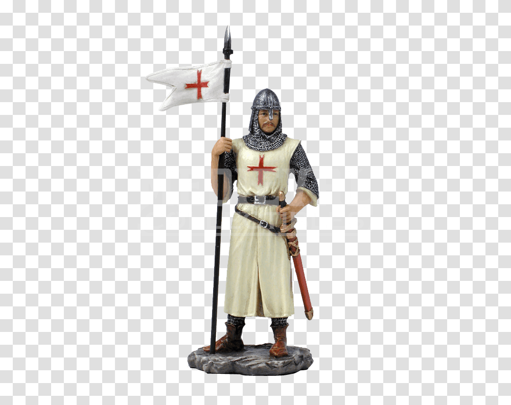 Armored Crusader With Flag In Right Hand Statue, Person, Human, Costume, Knight Transparent Png