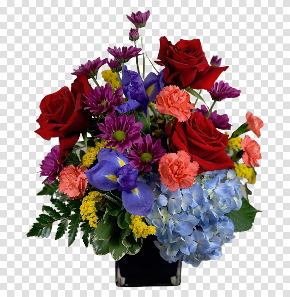 Arrangement Of Red Roses Blue Hydrangea Purple Iris Bouquet, Plant, Flower, Blossom, Flower Bouquet Transparent Png