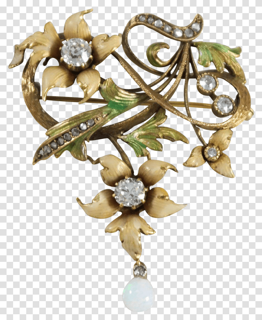 Art Nouveau 14k Yellow Gold Diamond Opal And Enamel Art Nouveau Floral Jewelry, Accessories, Accessory, Brooch, Floral Design Transparent Png