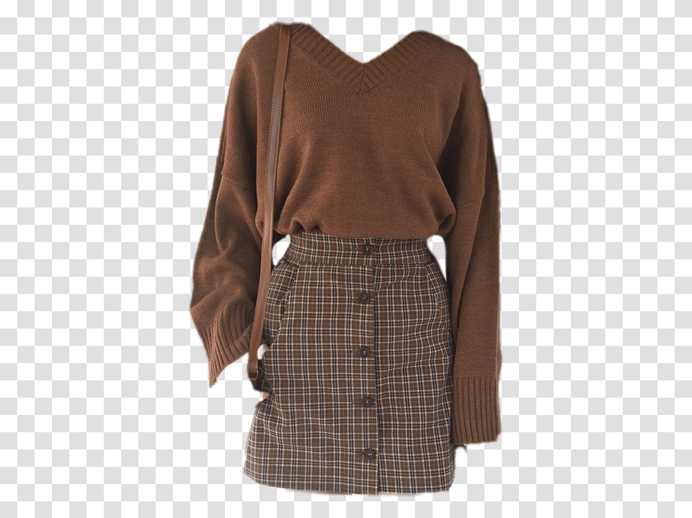 Autumn Outfit Ootd Plaidskirt Sweater Brown Vintage A Line, Apparel, Sleeve, Long Sleeve Transparent Png