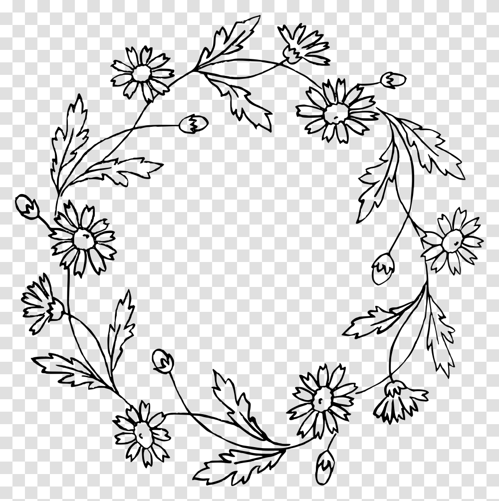 Autumn Wreath Black And White Simple Flowers Drawing, Floral Design, Pattern Transparent Png