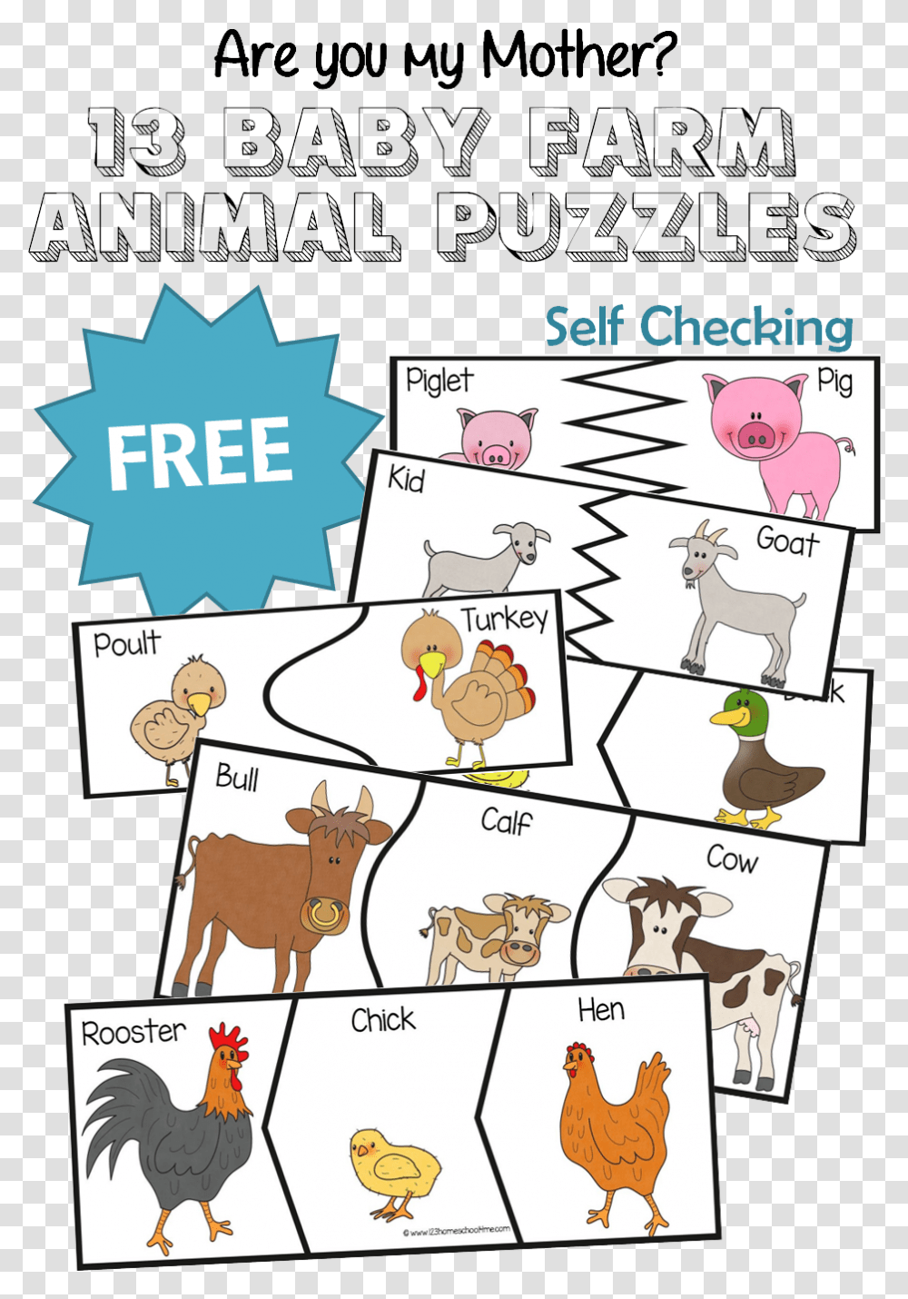 Baby Animals Farm Animal Puzzles Printable, Chicken, Bird, Cow Transparent Png