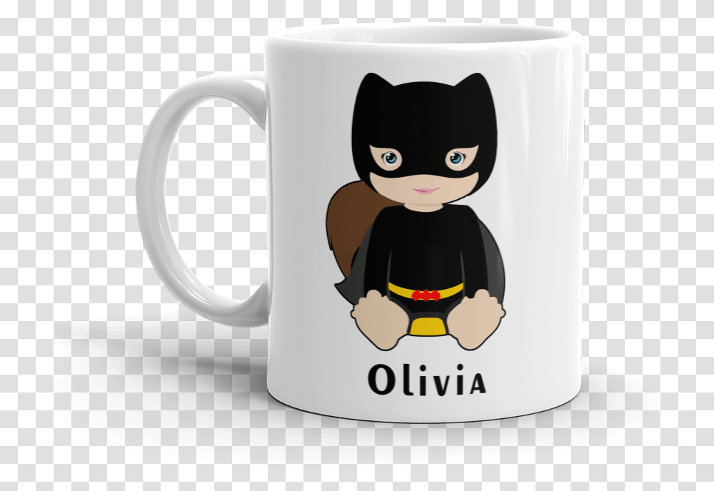 Baby Bat Woman Customized Mug With Kid Name Mug, Coffee Cup, Cat, Pet, Mammal Transparent Png