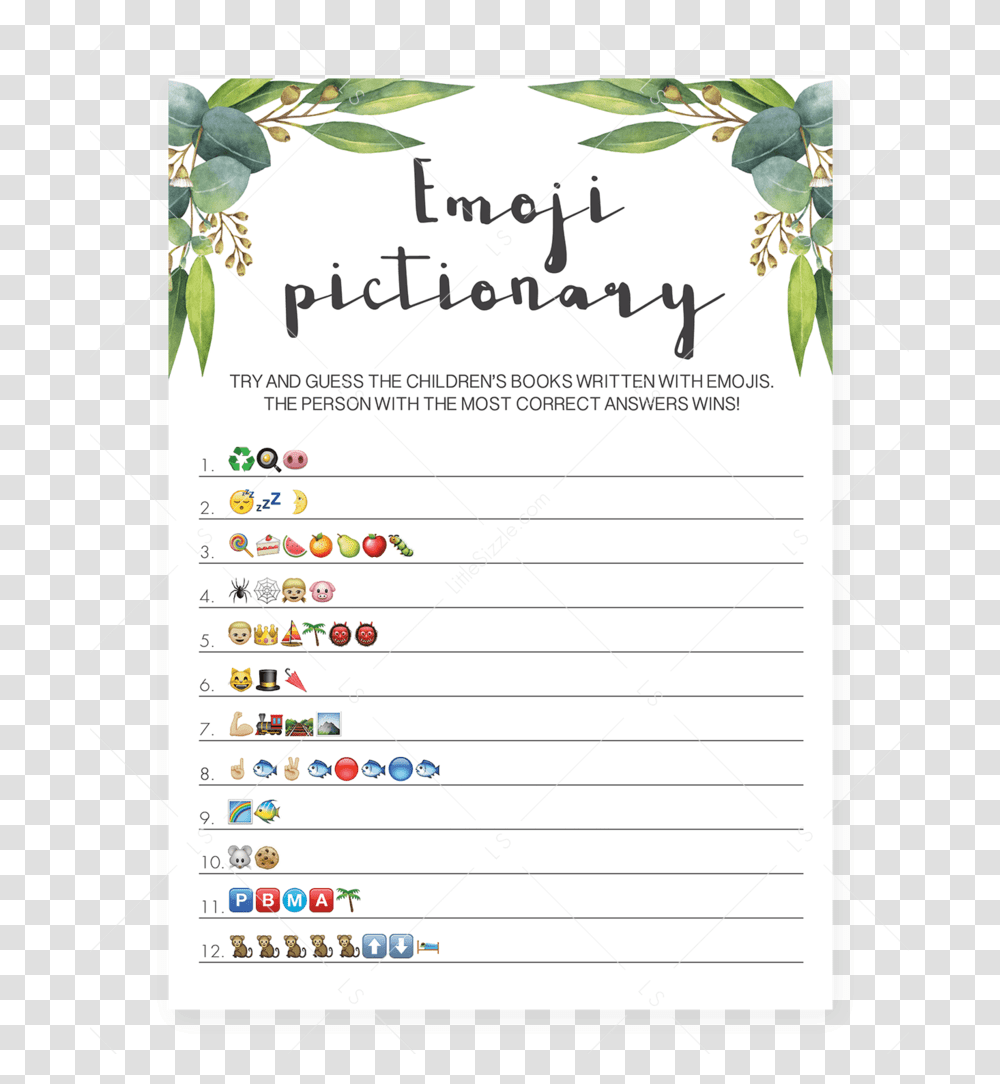 Baby Emoji Pictionary Game With Green Leaves By Littlesizzle Emoji Baby Shower Game Free Printable, Page, Menu, Number Transparent Png