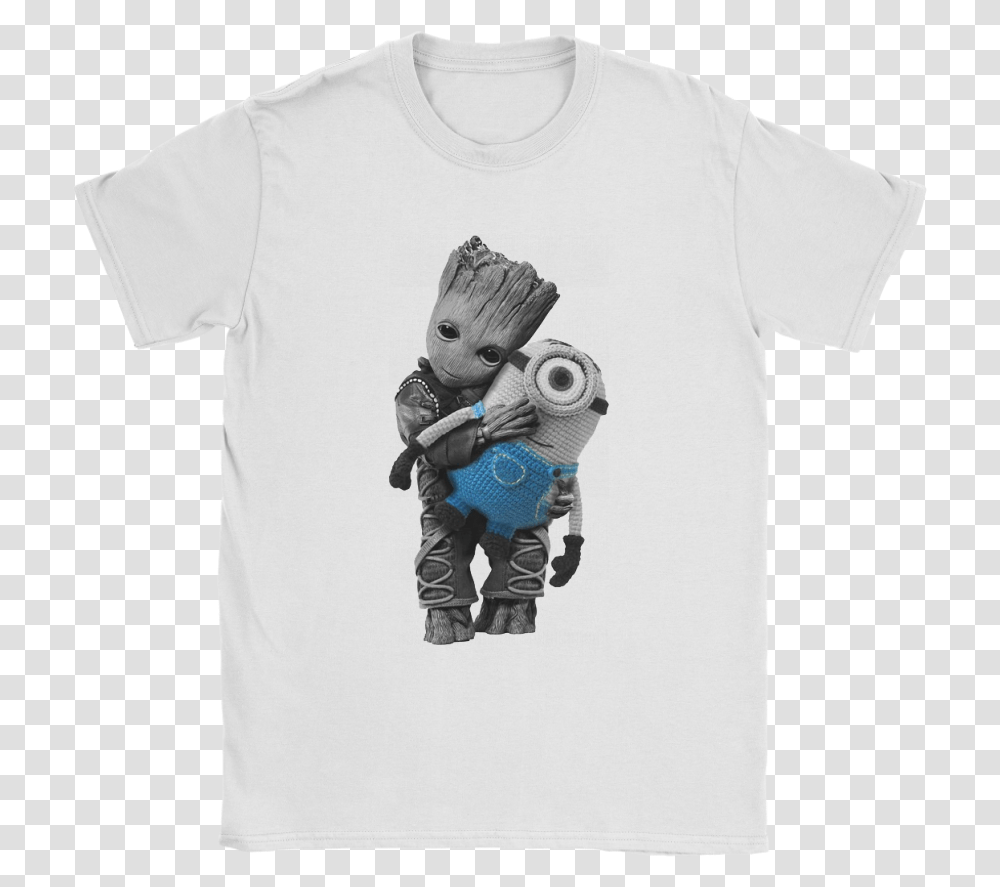 Baby Groot Hugging Minion Doll Despicable Me Shirts Inline Skating, Apparel, T-Shirt, Person Transparent Png