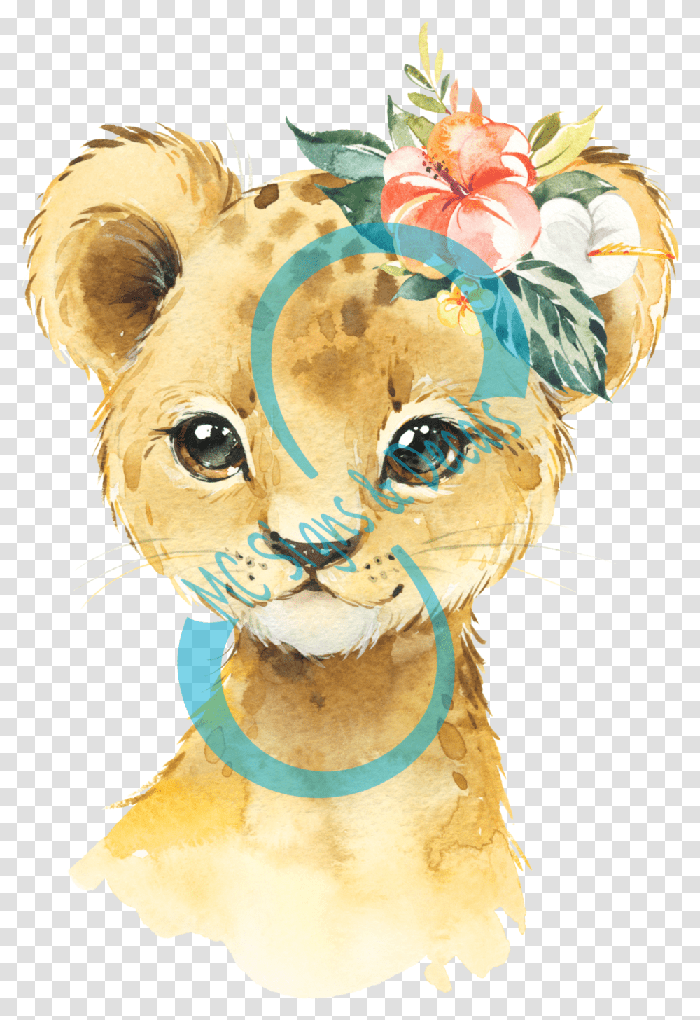 Baby Lion With Flowers Watercolor Baby Animals, Collage, Poster, Advertisement, Pet Transparent Png