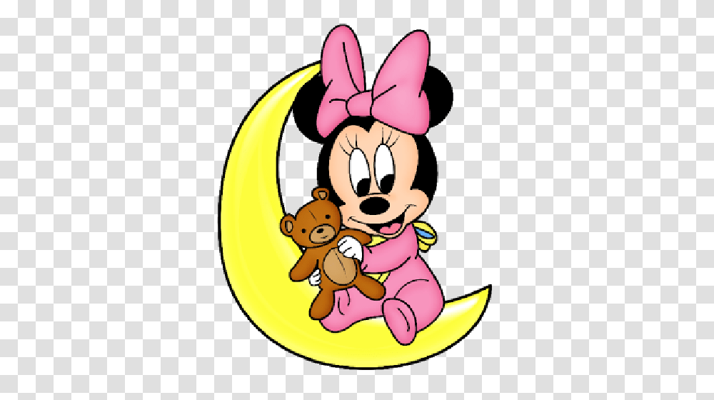 Baby Minnie Mouse Sitting On Yellow Moon With Teddy Bear Disney, Plant, Elf, Sweets, Food Transparent Png