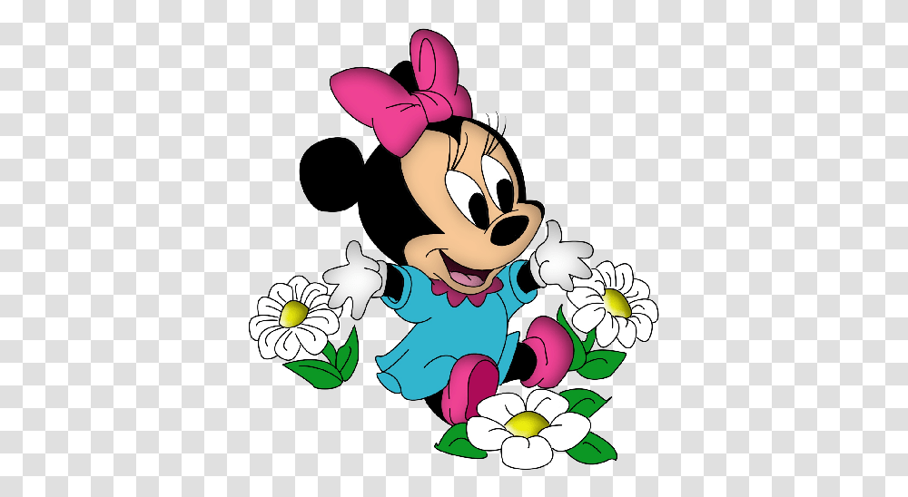 Baby Minnie Mouse With Pink Bow And Flowers Minnie Mouse With Flowers, Graphics, Art, Plant, Floral Design Transparent Png