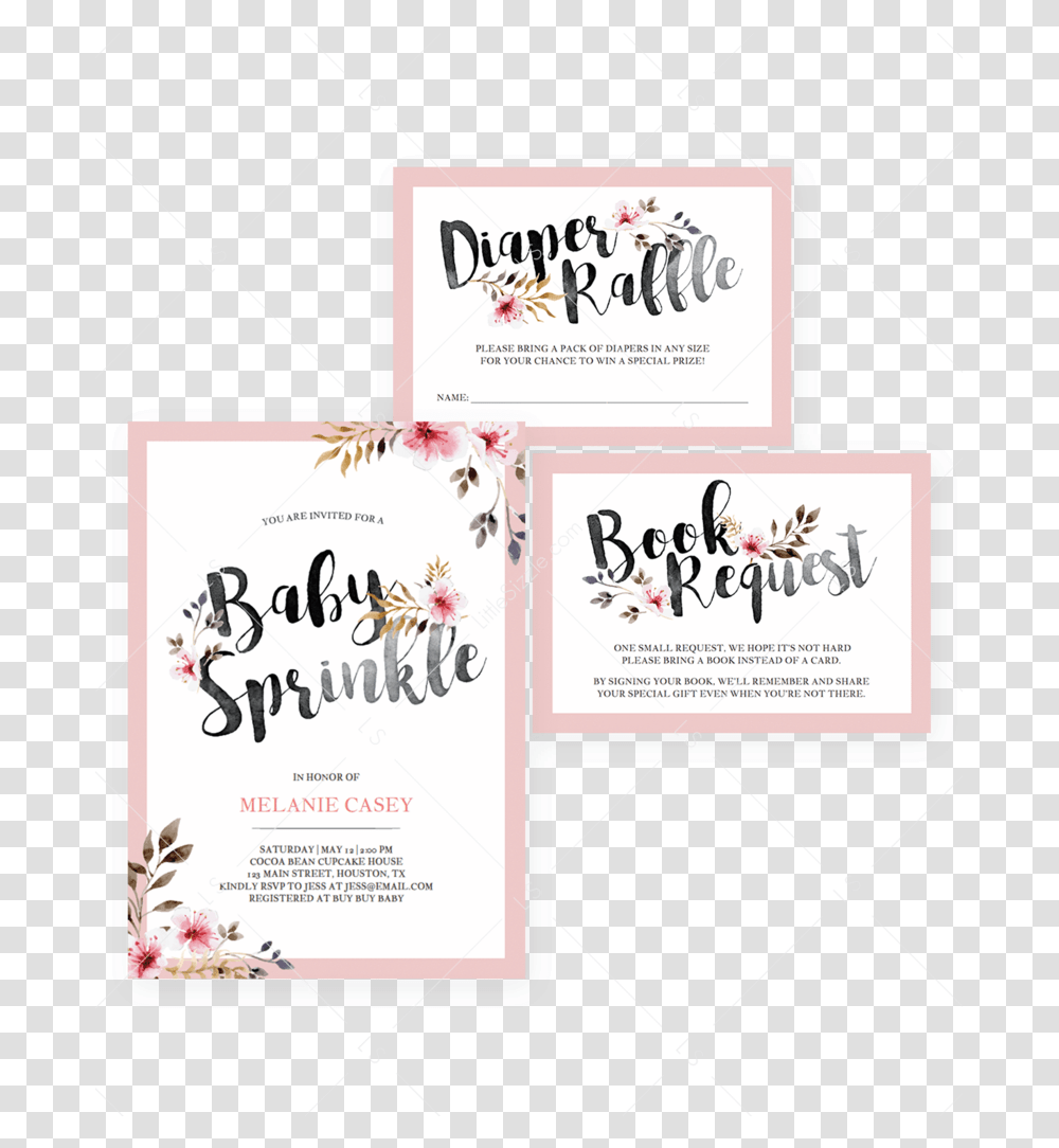 Baby Sprinkle Invitation Set Floral Editable Template Calligraphy, Paper, Poster, Advertisement Transparent Png