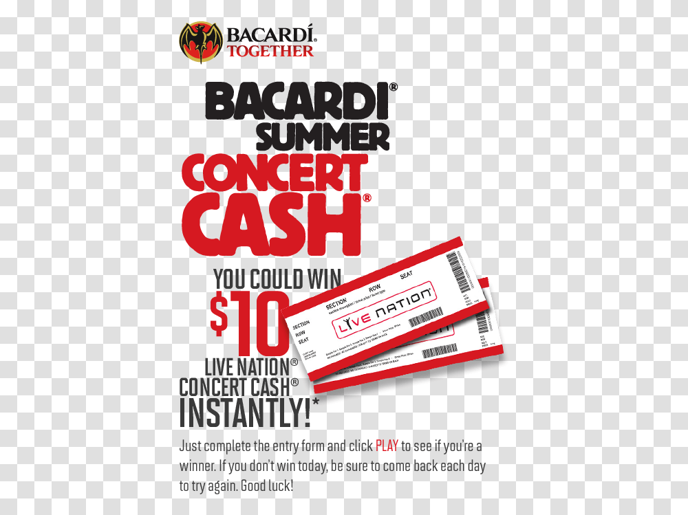 Bacardi Summer Concert Cash Instant Win Game Bacardi Together, Paper, Ticket Transparent Png