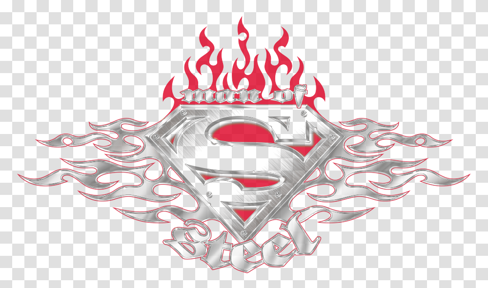 Back Print Superman Mens Steel Fire Shield Work Shirt Superman Logo Flames, Symbol, Text, Trademark, Art Transparent Png