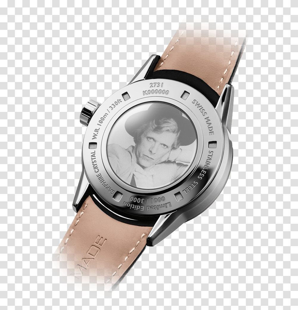Back View Of The David Bowie Automatic Watch With Tan Raymond Weil Buddy Holly Watch, Wristwatch, Person, Human, Digital Watch Transparent Png