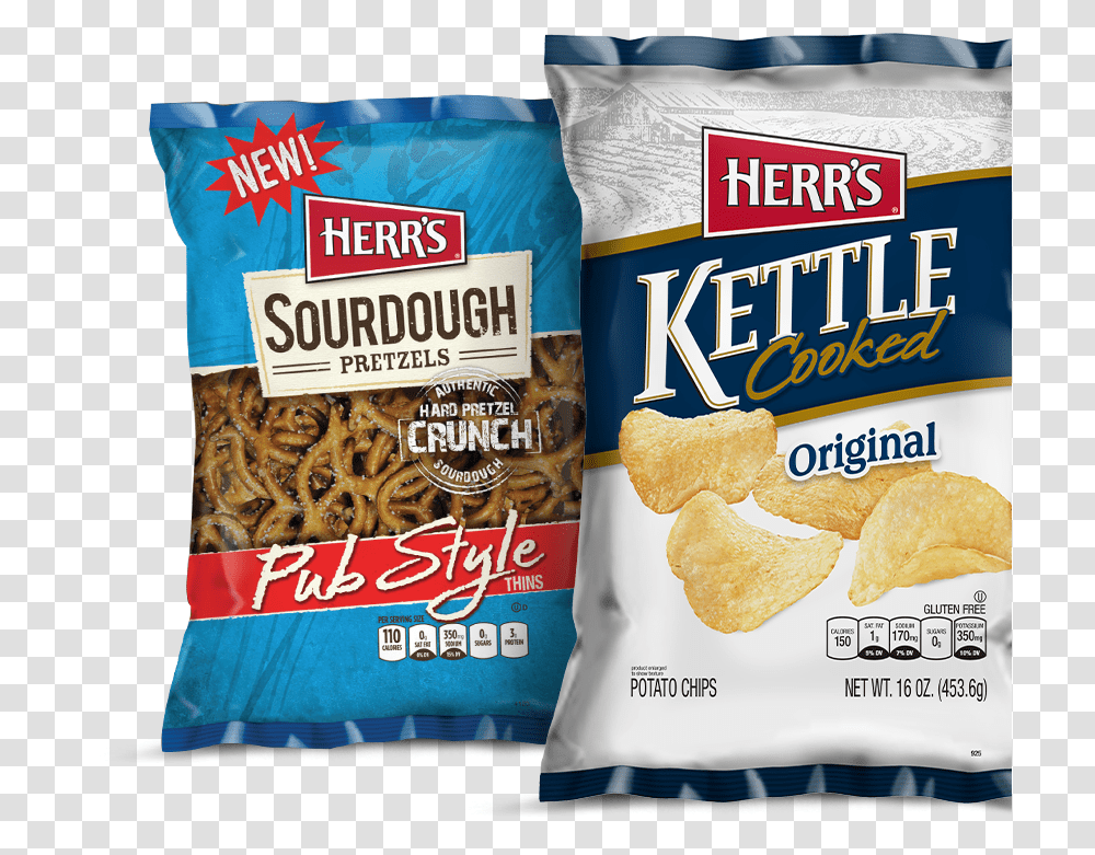 Bag Of Herrquots Sourdough Pretzels And Herrquots Kettle Herr Chips, Snack, Food, Bread, Cracker Transparent Png
