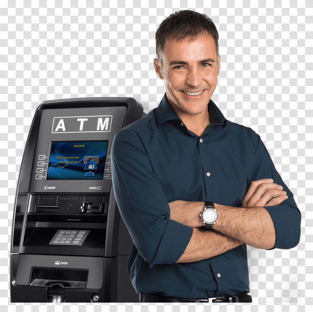Bank Atm Service Genmega Onyx, Person, Human, Machine, Mobile Phone Transparent Png