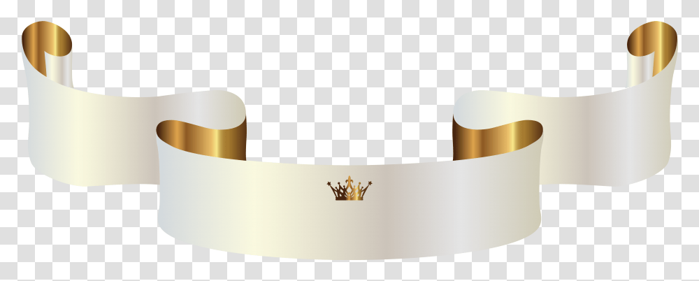 Banner With Crown Clipart Image White And Gold Banner, Scroll, Text, Label, Cylinder Transparent Png