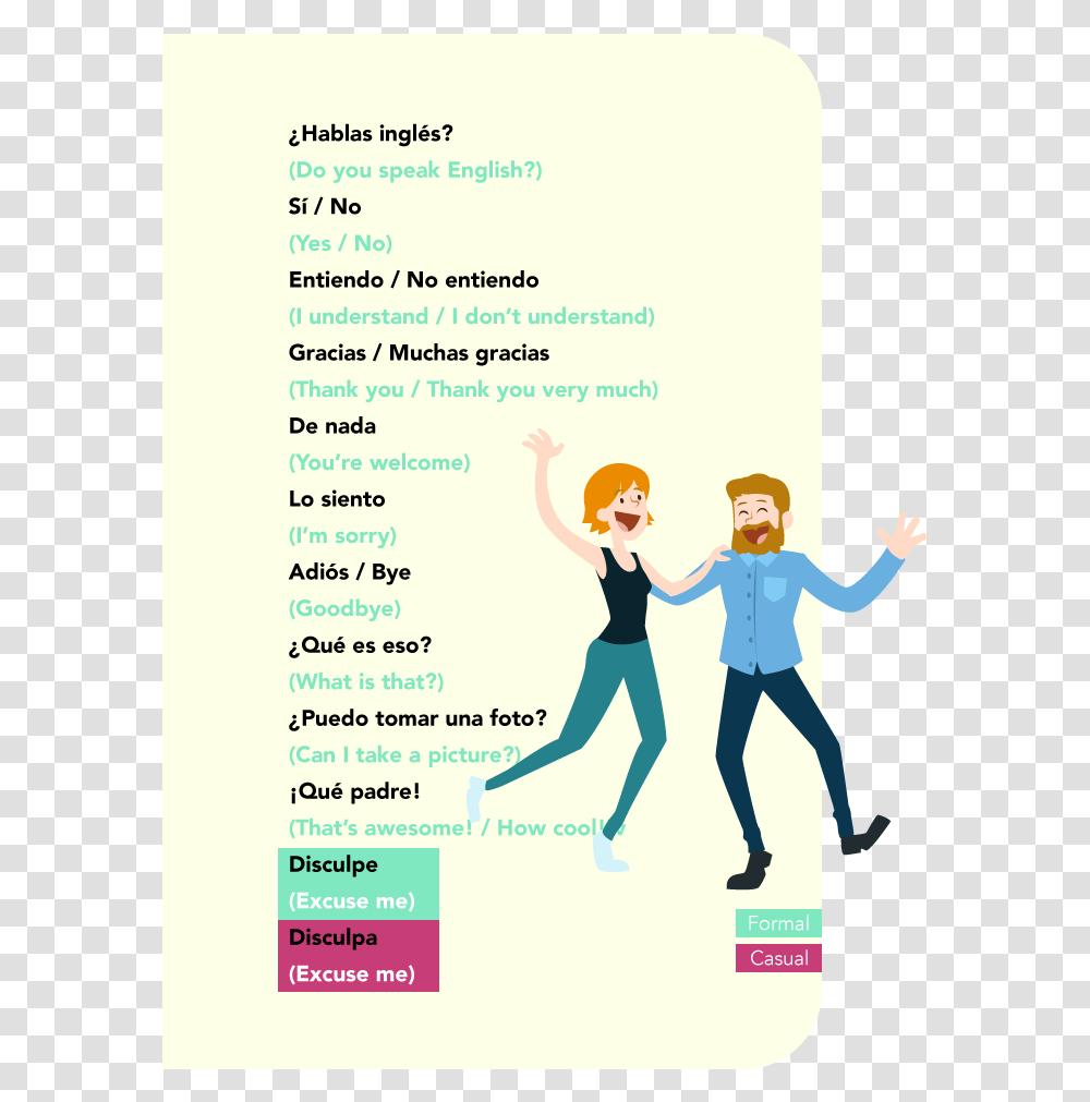 Basic Spanish Phrases Thanks And Greetments Cartoon, Person, Shoe, Advertisement Transparent Png