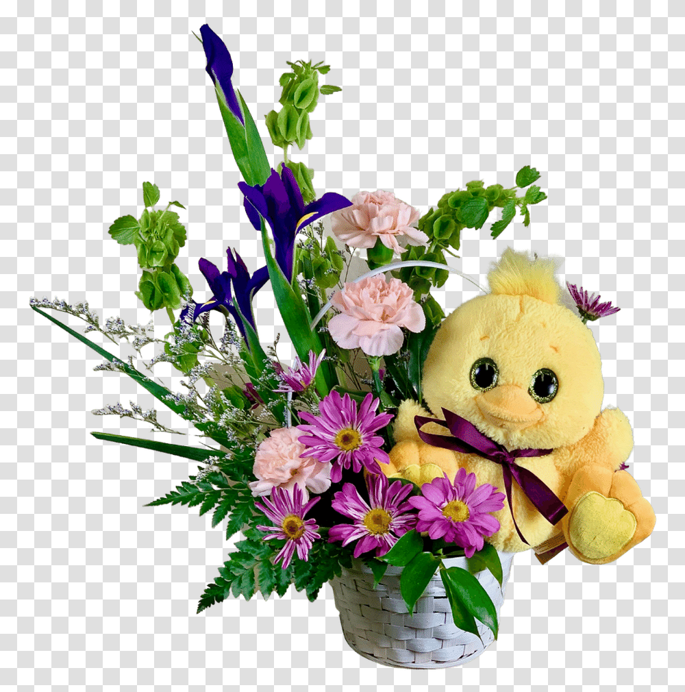Basket Arrangement Of Purple Iris Green Bells Of Ireland Bouquet, Plant, Flower, Blossom, Flower Arrangement Transparent Png