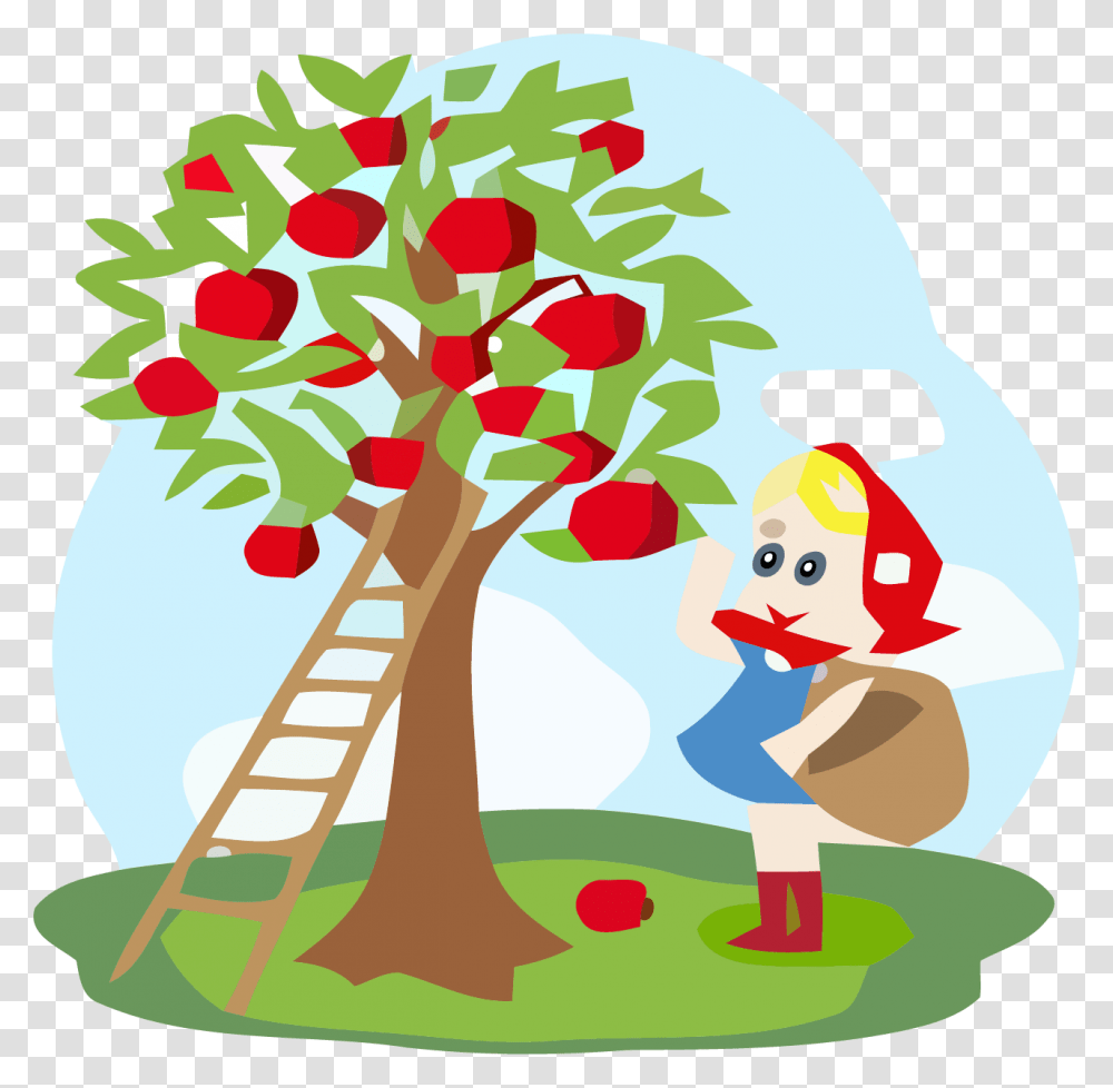 Basket Standing Near Apple Tree Clipart Girl Picking Up Apples, Graphics, Floral Design, Pattern, Plant Transparent Png