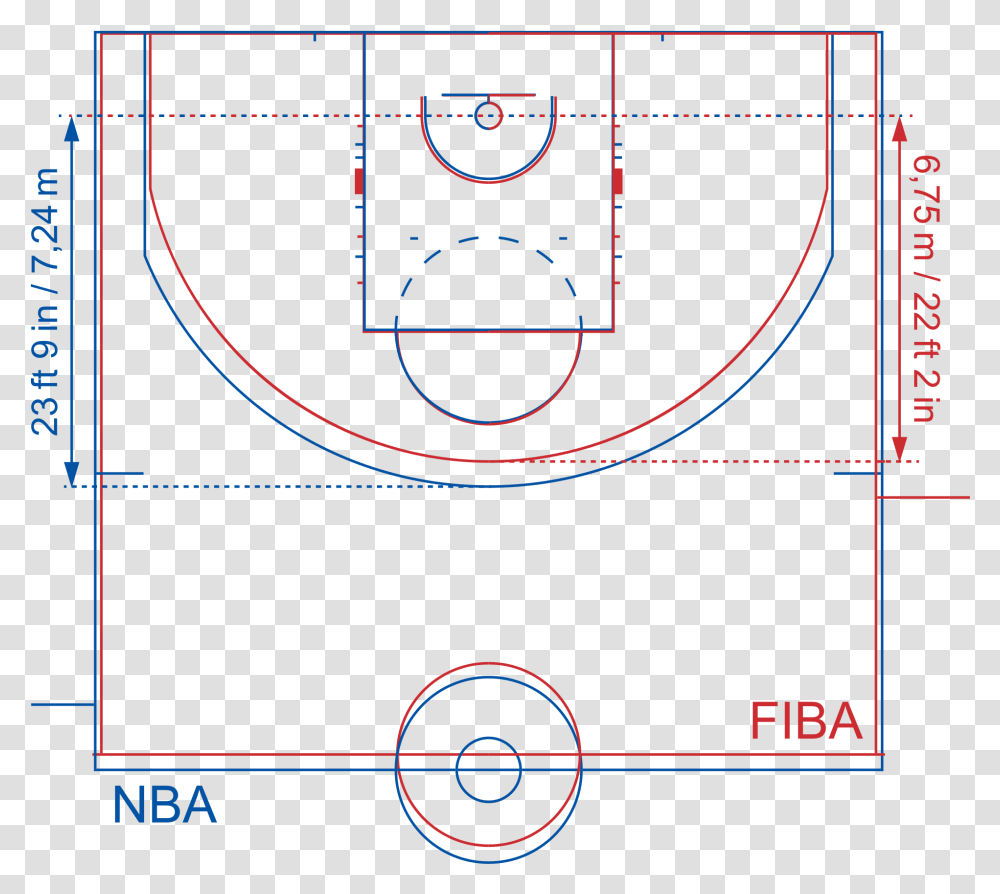 Basketball Court Clipart Nba Court Vs Fiba Court, Plot, Diagram, Plan Transparent Png