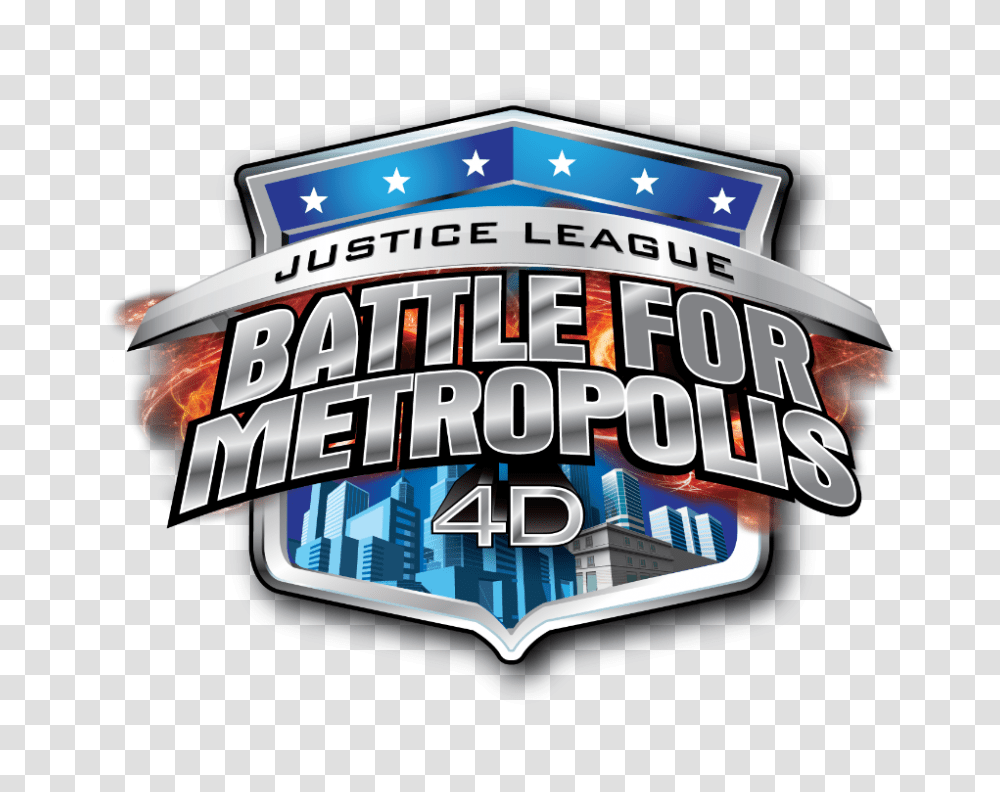Battle For Metropolis Justice League Six Flags Logo, Symbol, Lighting, Building, Text Transparent Png