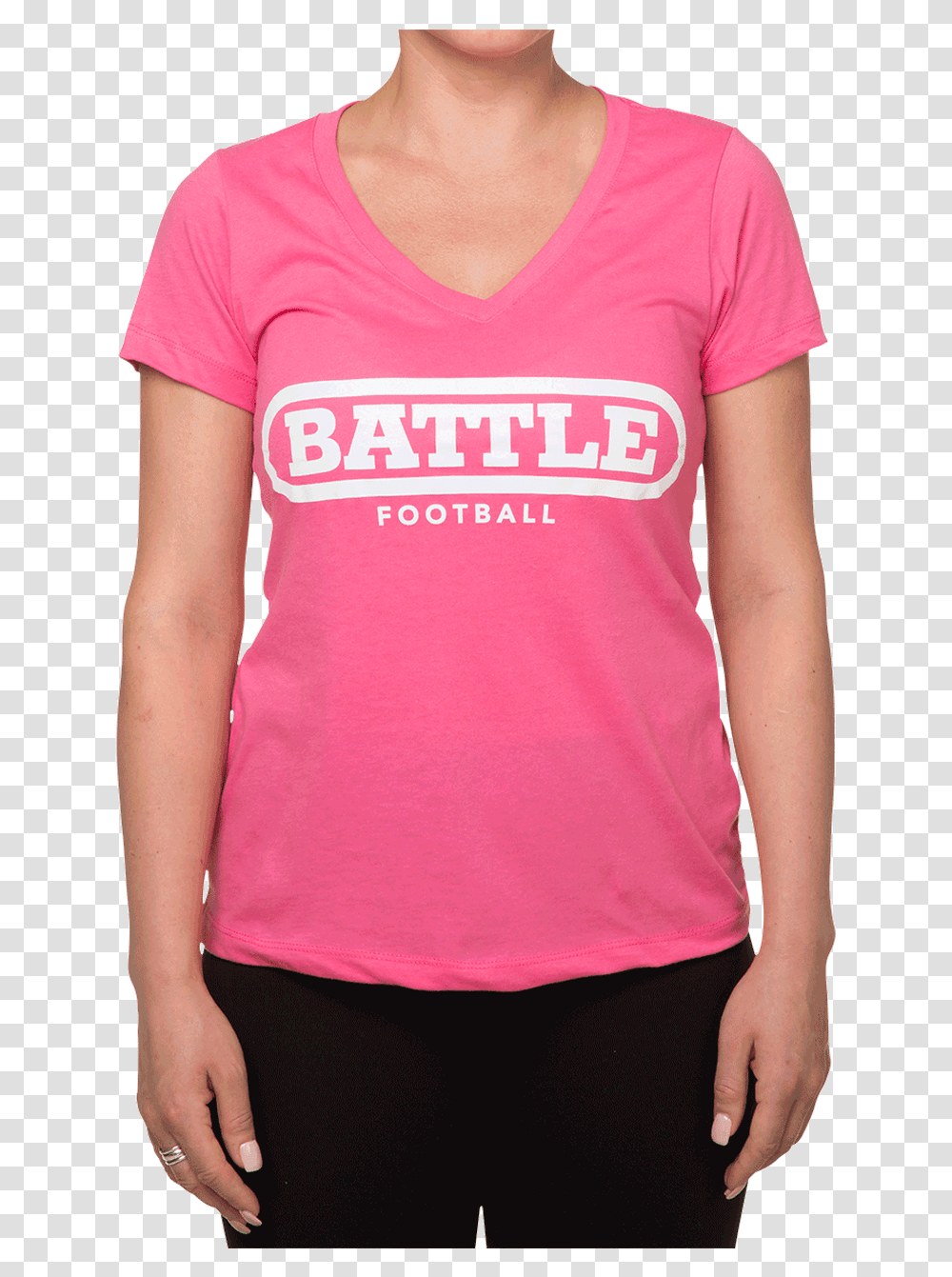 Battle Women V Neck T Shirt Pink With White Football Active Shirt, Apparel, T-Shirt, Person Transparent Png