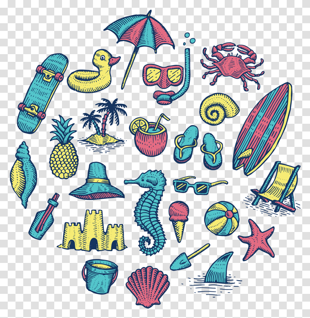 Beach Icons On Behance By Travis Pietsch Beach Collage Drawing, Tennis Racket Transparent Png