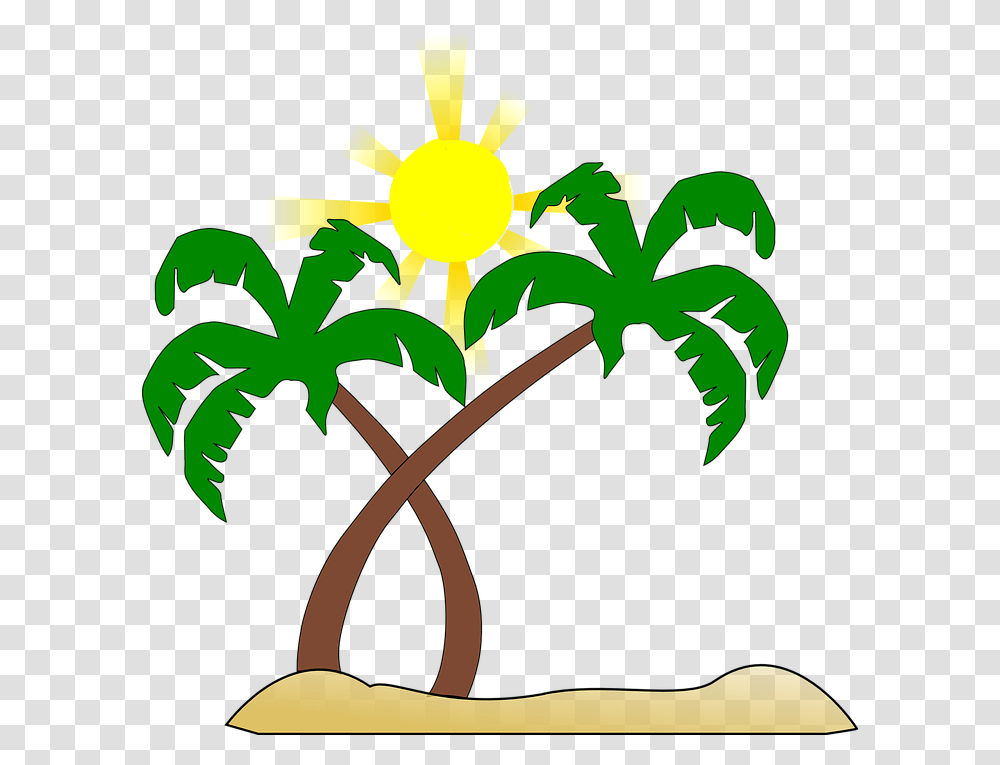 Beach Palm Tree Sun Green Brown Yellow Heat Beach Clipart No Background, Floral Design, Pattern, Plant Transparent Png