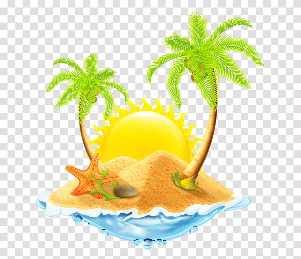 Beach Treasure Box On Island Cartoon Coconut Tree In A Beach Cliparts, Leaf, Plant, Birthday Cake, Dessert Transparent Png