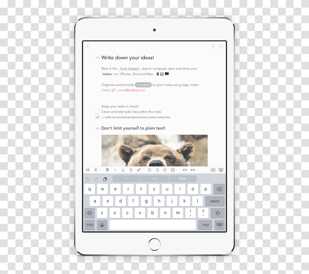 Bear Write Beautifully On Iphone Ipad And Mac Smartphone, Text, Page, Computer Keyboard, Computer Hardware Transparent Png