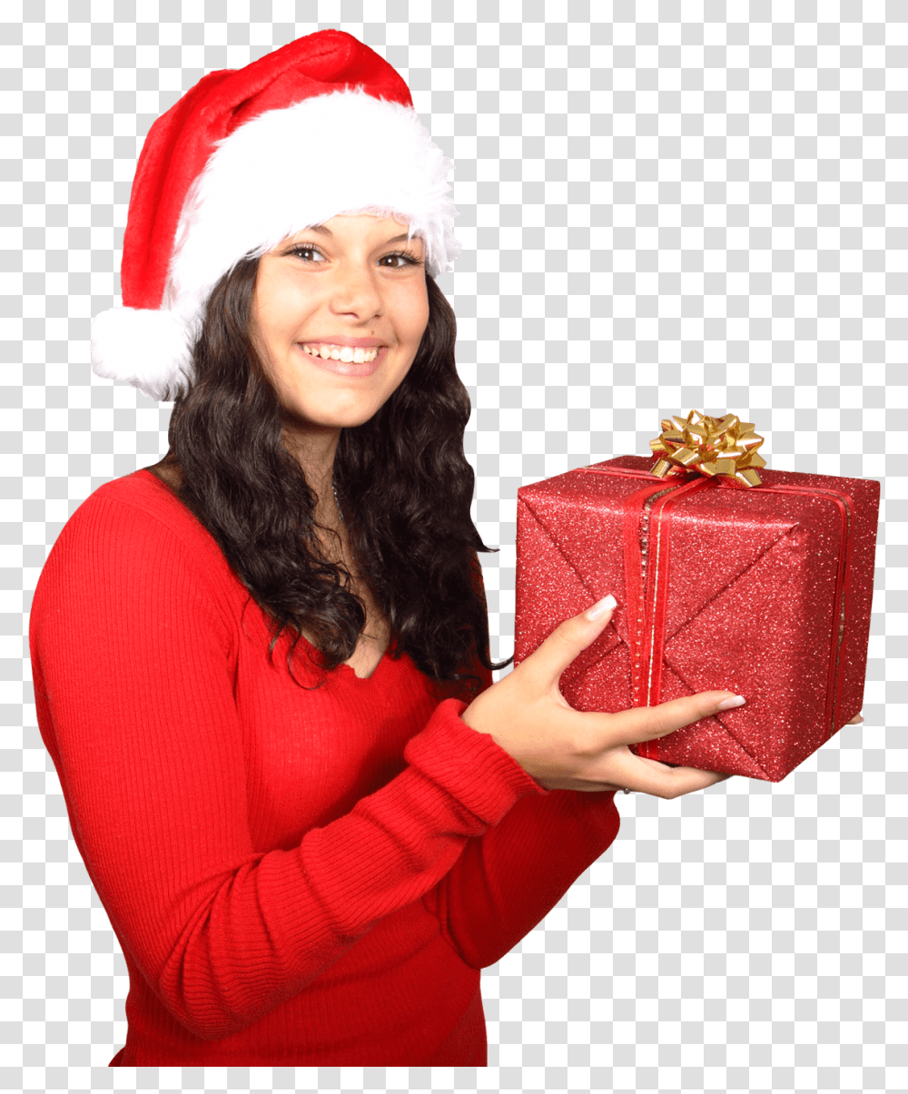 Beautiful Woman Wearing Santa Claus Clothes With Christmas Christmas Woman, Gift, Person Transparent Png