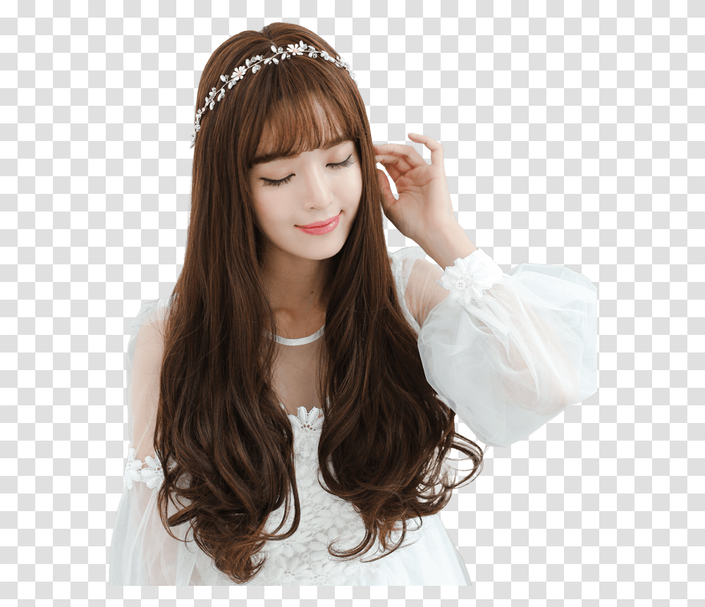 Beauty Elements Wigs Female Air Bangs Wig Long Curly Tiara, Apparel, Person, Human Transparent Png