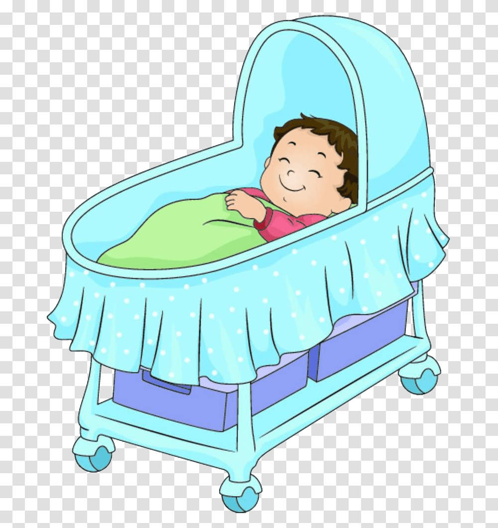 Bed Cartoon Illustration A In Pram Baby In Bed Cartoon, Furniture, Cradle, Crib, Person Transparent Png