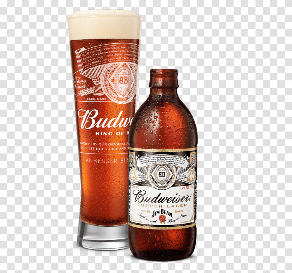 Beer Poured In Glass Next To Bottle Budweiser Jim Beam Copper Lager, Alcohol, Beverage, Drink, Beer Bottle Transparent Png
