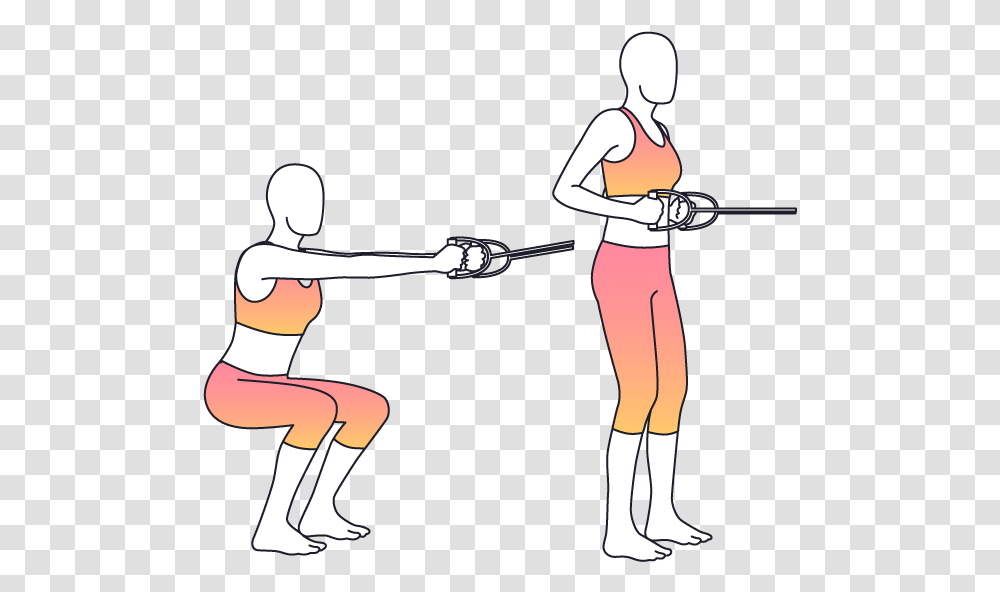Begin In Standing With The Band Anchored At Waist Height Band Squat To Row, Person, Sport, Fencing, Working Out Transparent Png