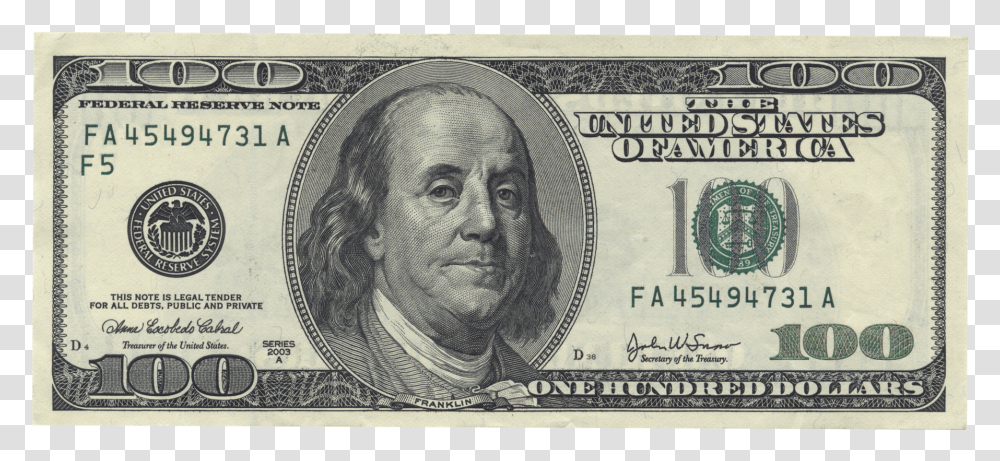 Benjamin Franklin United States One Hundred Dollar 100 Dollar Bill, Person, Human, Money, Id Cards Transparent Png