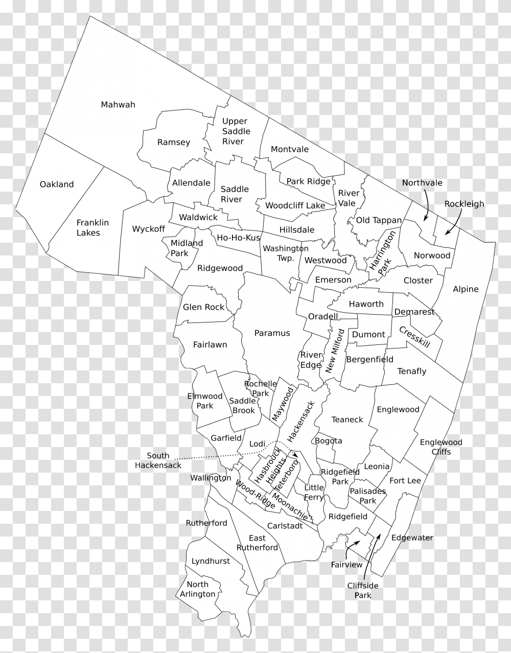 Bergen County Nj Municipalities Labeled Bergen County Nj Outline, Plot, Map, Diagram, Atlas Transparent Png