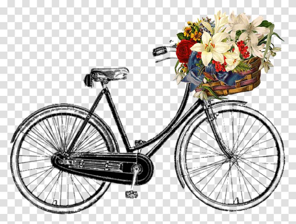 Bicycle Flower Bunch Transport Ride Cycle Vintage Bicycle Clip Art, Vehicle, Transportation, Bike, Wheel Transparent Png